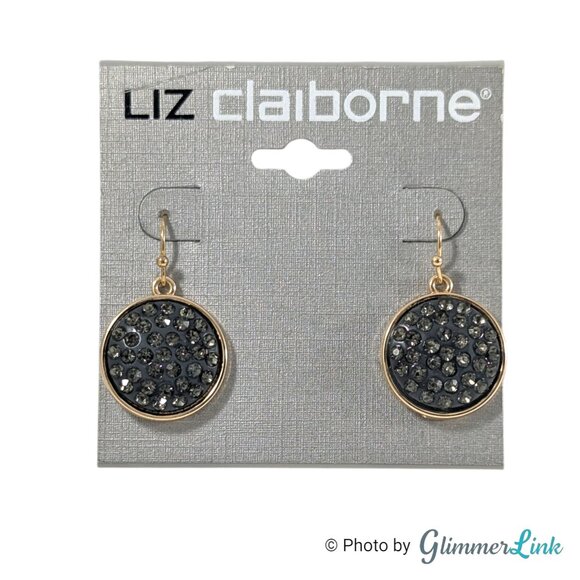 Liz Claiborne Gold Tone Drop Earrings Smokey Gray Rhinestone Circle Dangle NWT - Picture 3 of 8